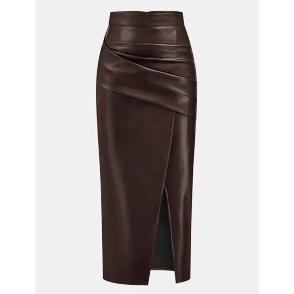 Commense Chocolate Brown Faux Leather Midi Skirt XL NWT Slit